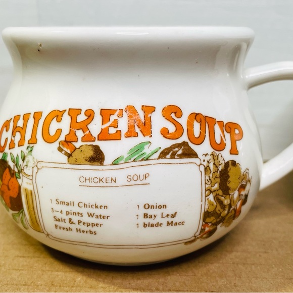 VTG Chicken Soup Recipe Mug Ceramic Orange Writing 4” W X 3 1/2” H Set Of Two - Picture 3 of 6